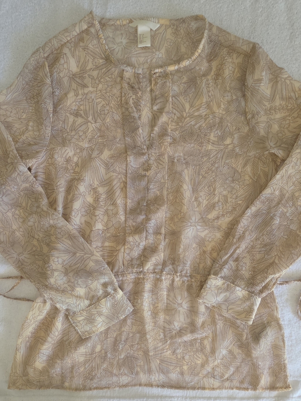 H&M Sheer Floral Peasant Blouse Drawstring Waist Cream Beige
